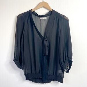 Sheer Black Bow Tie Blouse Top Medium Minimalist Romantic Capsule Parisian